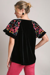 Umgee Full Size Velvet Embroidery Short Sleeve Blouse - Elegant Vintage Style